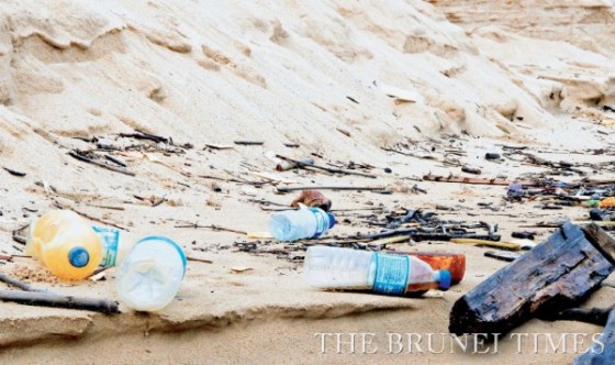 Plastic bottles strewn around at Berakas beach yesterday. Picture: BT/Ridhwan Kamarulzaman 